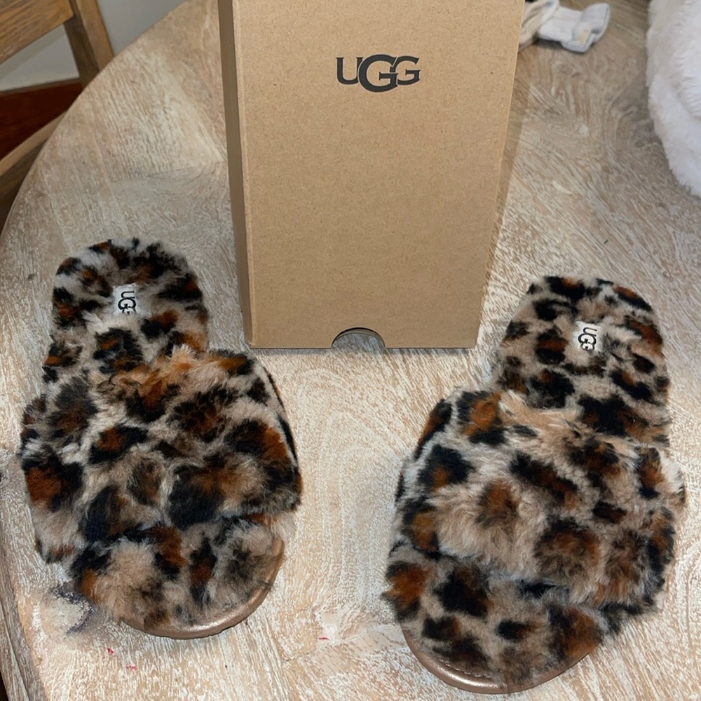 UGG Womens New Fluff Slide II Leopard Print Sheepskin Slipper Amber Size 8
